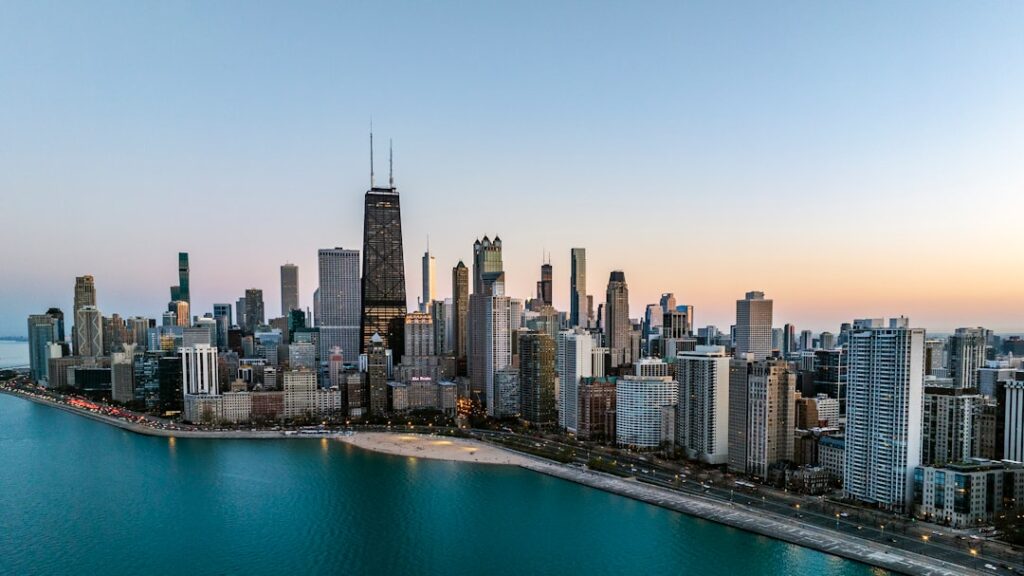 Aerial view of Chicago skyline by the lake