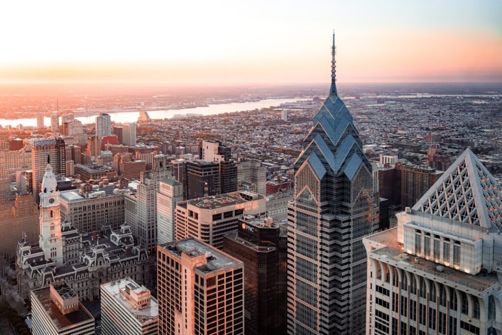 Philadelphia Pennsylvania city skyline at sunrise
