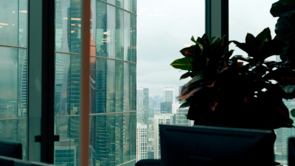 Modern office skyline view representing financial stability
