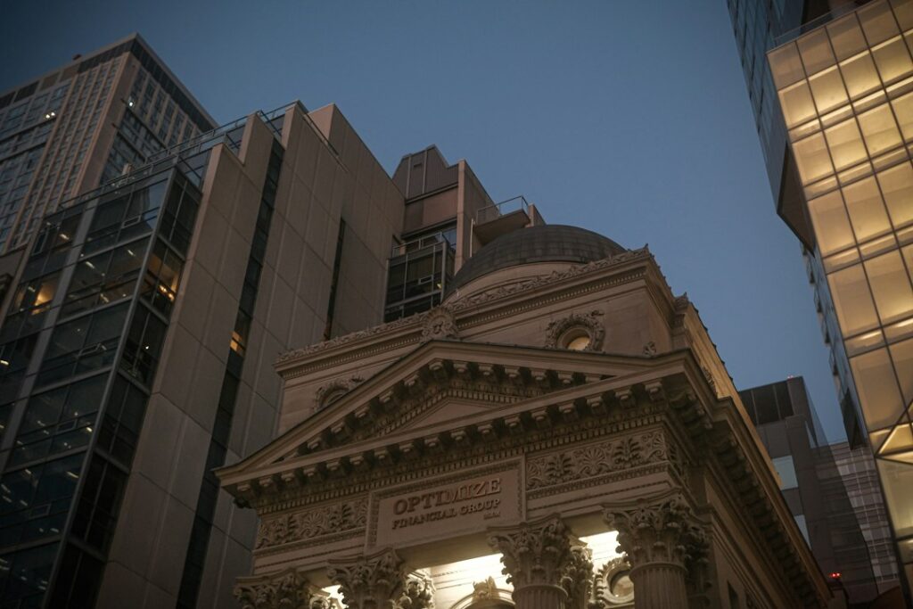 Classical financial institution building facade