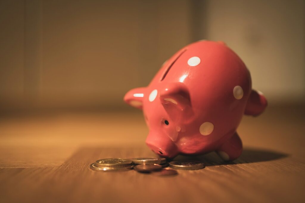 Piggy bank with coins representing savings and refunds